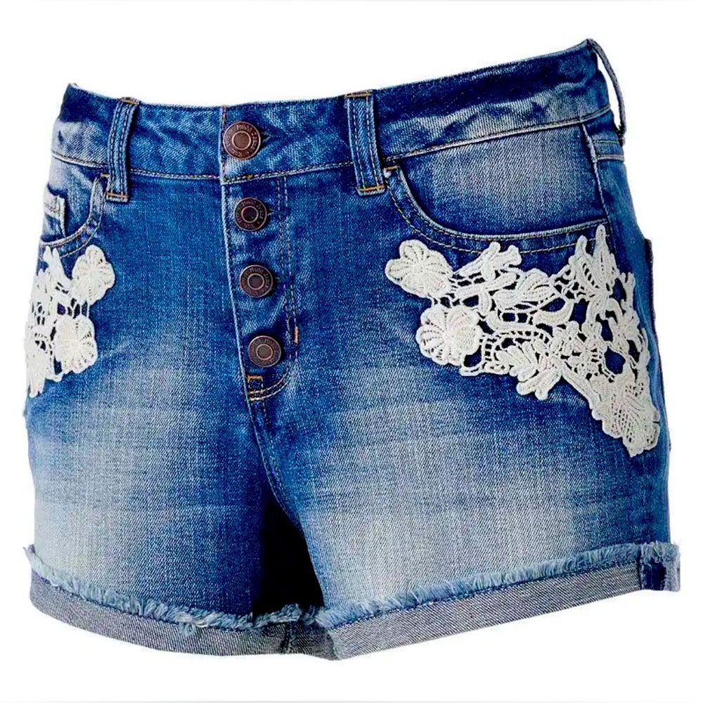 Mudd Blue Denim Button Fly High Waisted Crochet Jean Shortie Shorts